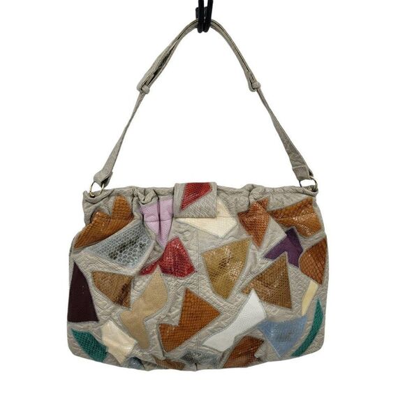 Vtg 80's Caprice Shoulder Bag Leather Boho Funky Patchwork Multicolor Large Gray - Picture 3 of 16